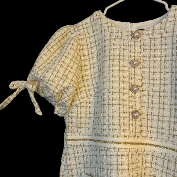Girhoodcore Cream Tweed Pearl Gold Embellished Dress - L - Picture 3 of 11